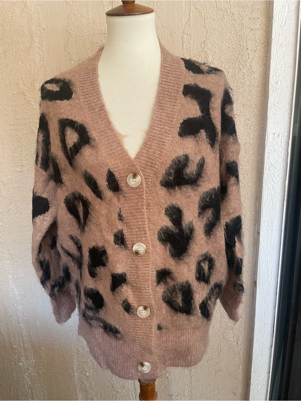 Bibi Cozy Taupe Fuzzy Animal-Print Button Cardigan Sweater